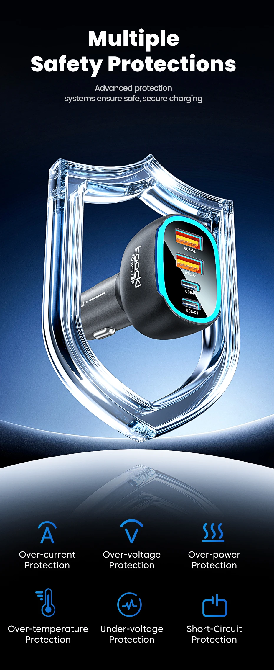 Toocki 90W USB C Car Charger For Phone 4 Ports PD Qi2.2 45W Fast Charging For iPhone 17 16 Pro Samsung S25 S24 Xiaomi LED Light