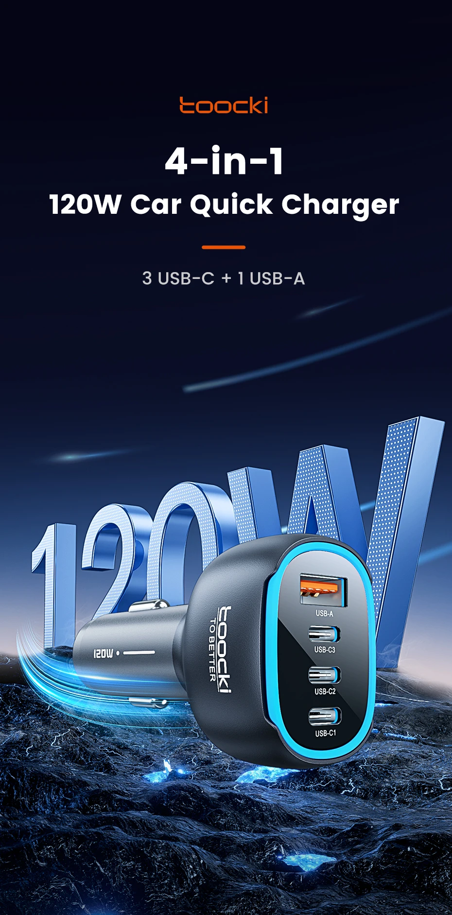 Toocki 90W USB C Car Charger For Phone 4 Ports PD Qi2.2 45W Fast Charging For iPhone 17 16 Pro Samsung S25 S24 Xiaomi LED Light