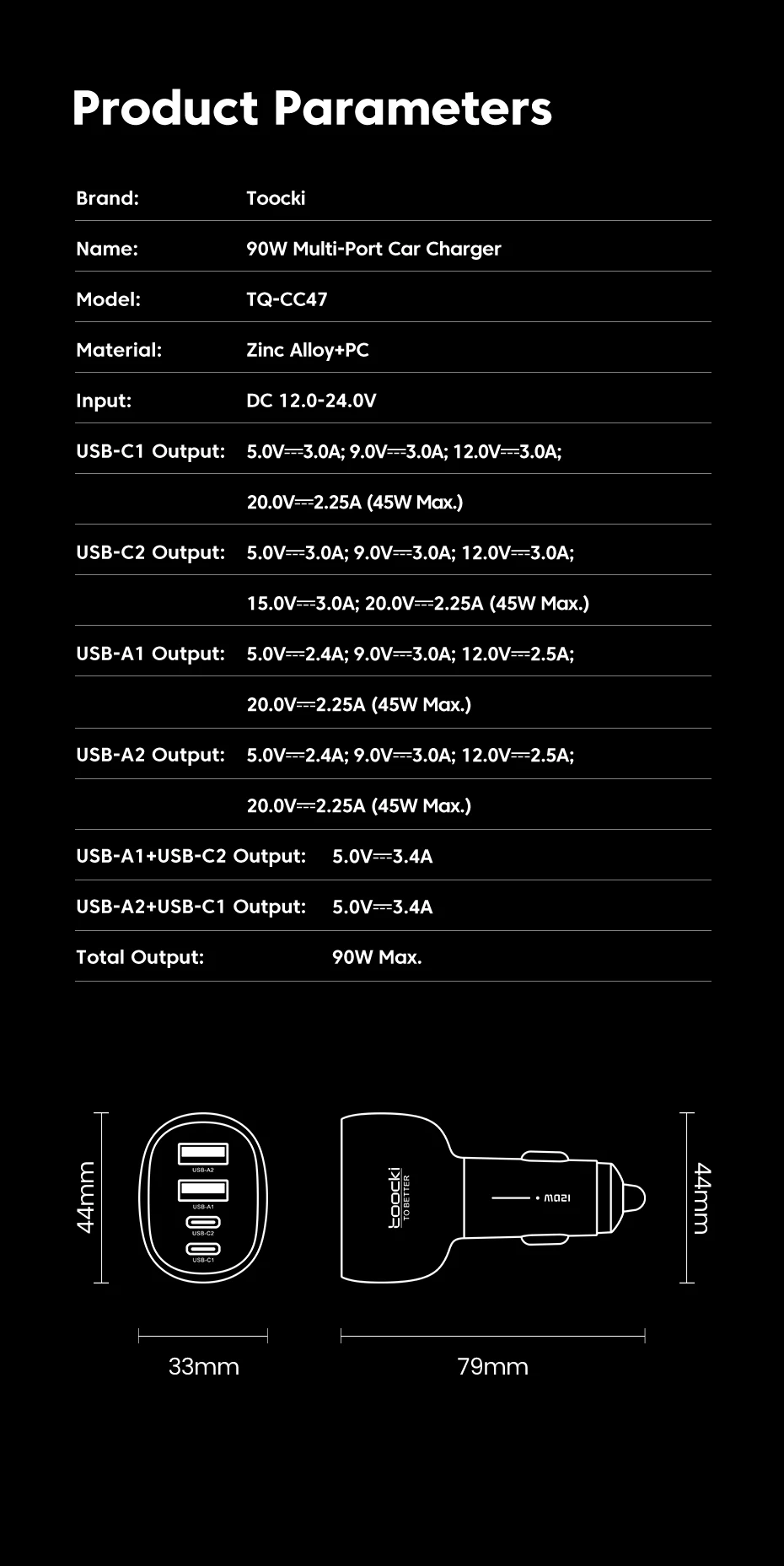 Toocki 90W USB C Car Charger For Phone 4 Ports PD Qi2.2 45W Fast Charging For iPhone 17 16 Pro Samsung S25 S24 Xiaomi LED Light