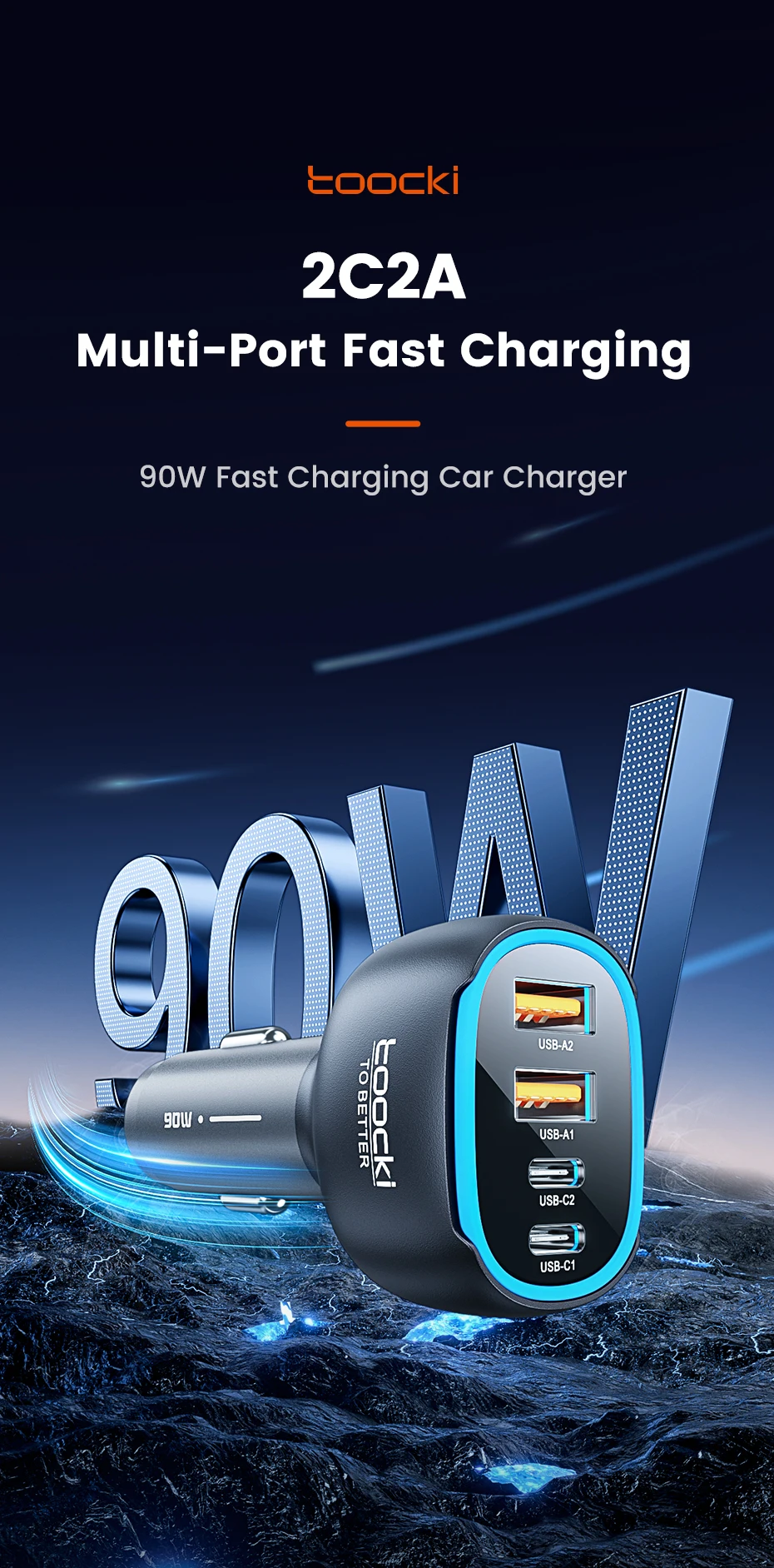 Toocki 90W USB C Car Charger For Phone 4 Ports PD Qi2.2 45W Fast Charging For iPhone 17 16 Pro Samsung S25 S24 Xiaomi LED Light