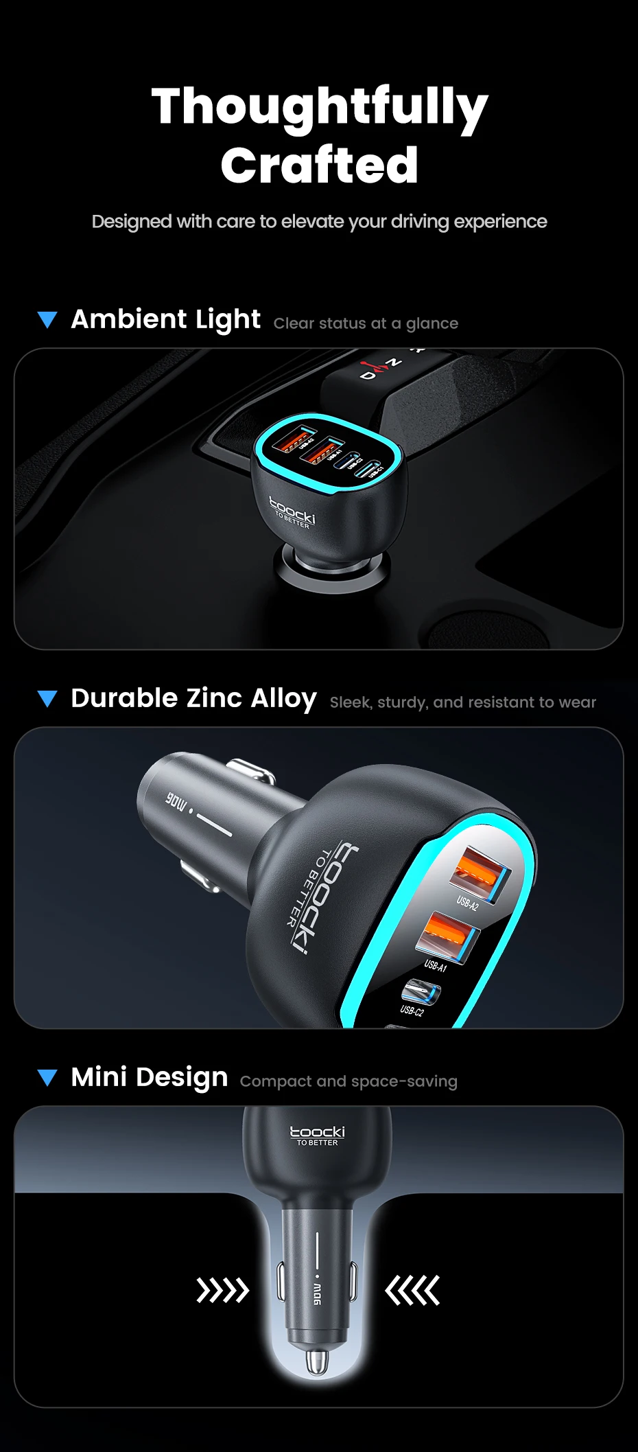 Toocki 90W USB C Car Charger For Phone 4 Ports PD Qi2.2 45W Fast Charging For iPhone 17 16 Pro Samsung S25 S24 Xiaomi LED Light