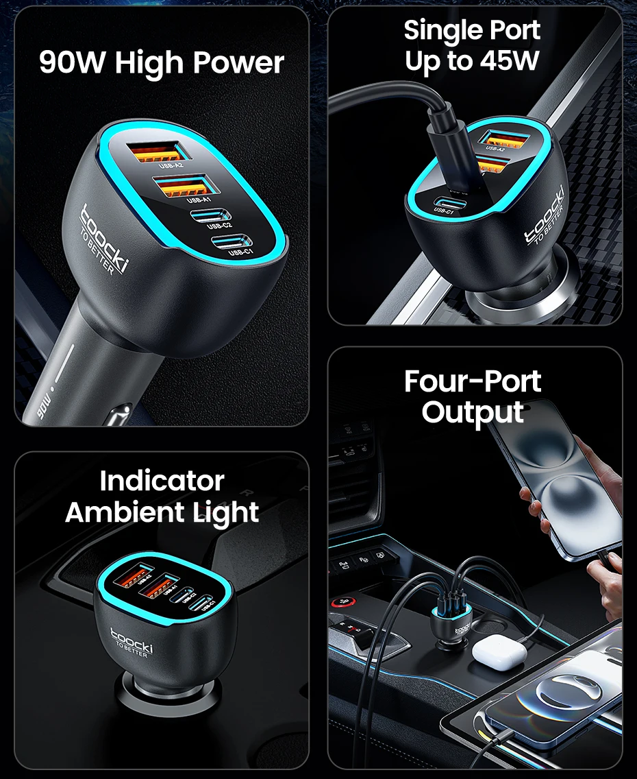 Toocki 90W USB C Car Charger For Phone 4 Ports PD Qi2.2 45W Fast Charging For iPhone 17 16 Pro Samsung S25 S24 Xiaomi LED Light