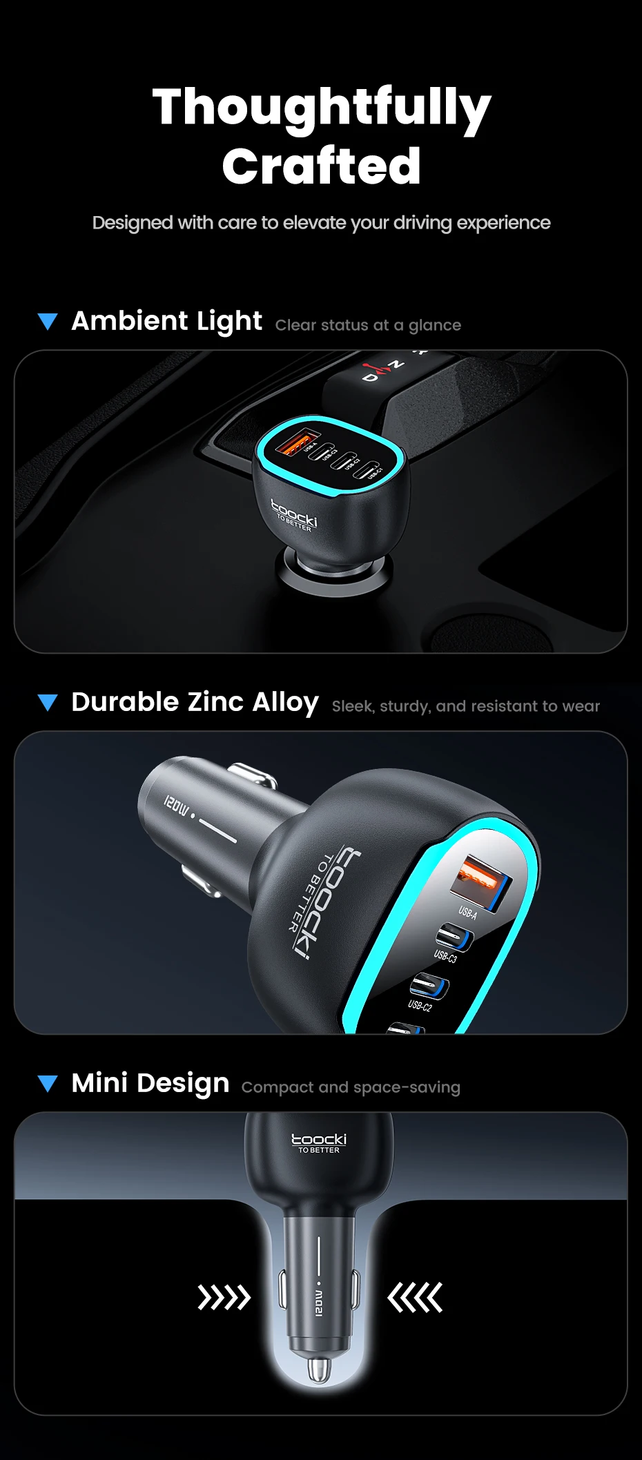 Toocki 90W USB C Car Charger For Phone 4 Ports PD Qi2.2 45W Fast Charging For iPhone 17 16 Pro Samsung S25 S24 Xiaomi LED Light