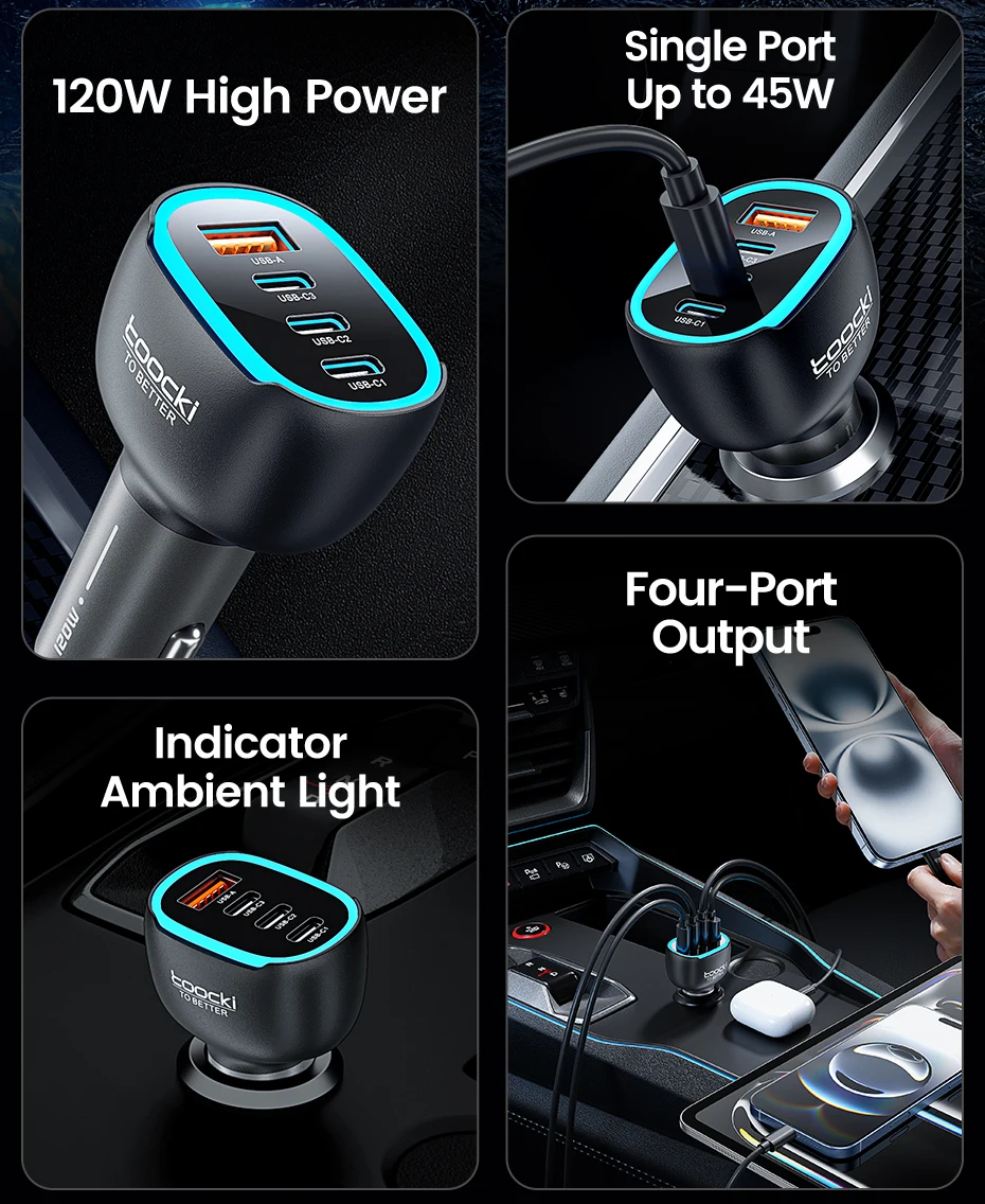 Toocki 90W USB C Car Charger For Phone 4 Ports PD Qi2.2 45W Fast Charging For iPhone 17 16 Pro Samsung S25 S24 Xiaomi LED Light