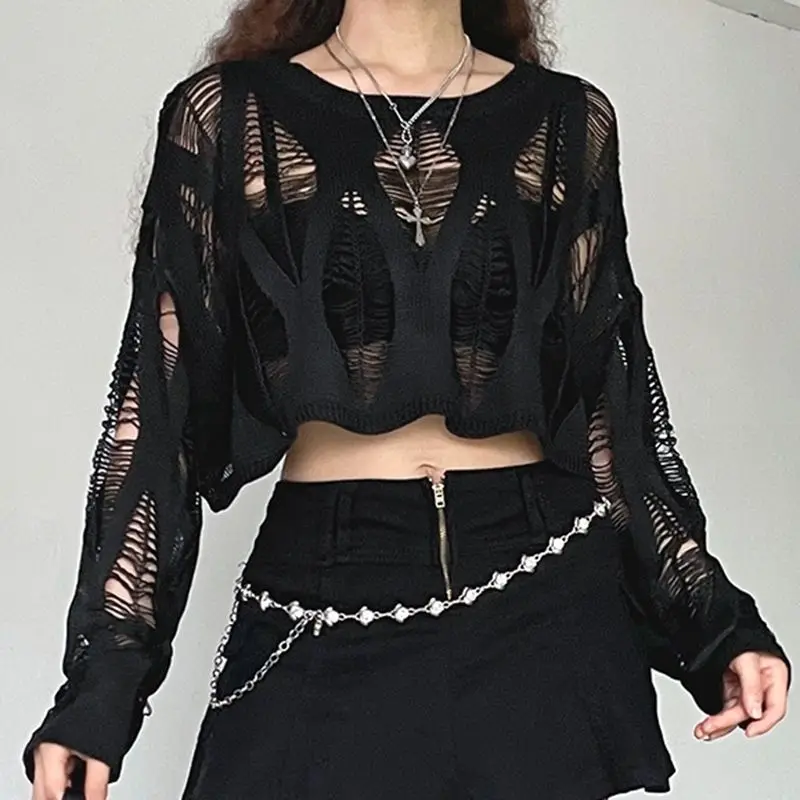 Women Hole Hollow Out Y2K T-shirts Batwing Sleeve Knitted Shirt for Women Punk Loose Streetwear Tops Spring Autumn 2026