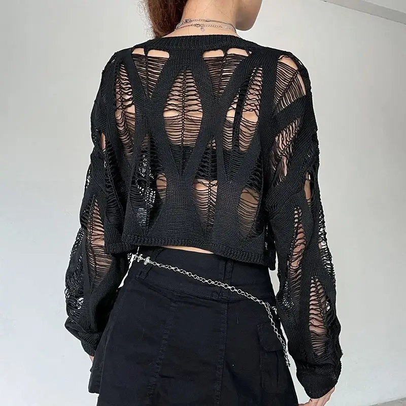 Women Hole Hollow Out Y2K T-shirts Batwing Sleeve Knitted Shirt for Women Punk Loose Streetwear Tops Spring Autumn 2026