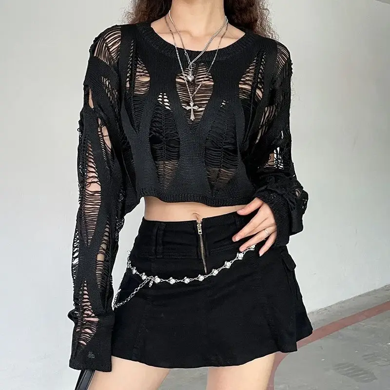 Women Hole Hollow Out Y2K T-shirts Batwing Sleeve Knitted Shirt for Women Punk Loose Streetwear Tops Spring Autumn 2026
