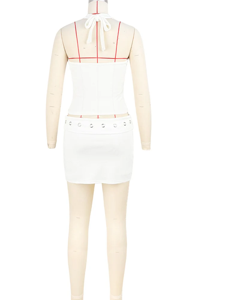 Beyprern Sexy Hollow Out Eyelet Two Piece Set Women Summer White Halter Crop Top and Mini Skirt Sets Outfits Streetwear 2026