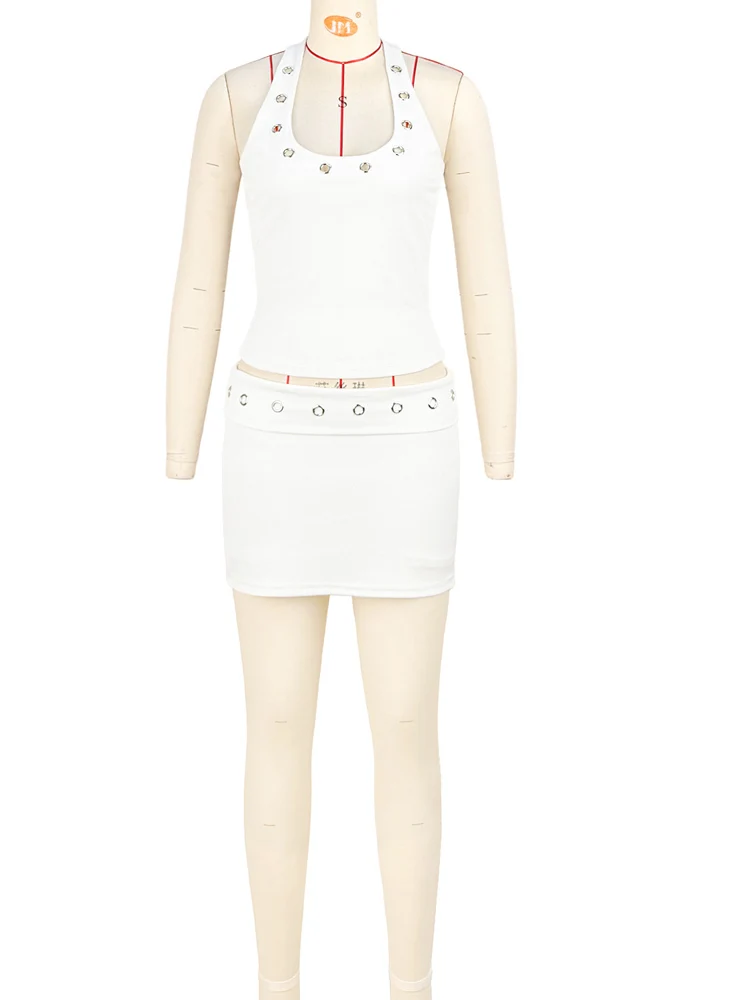 Beyprern Sexy Hollow Out Eyelet Two Piece Set Women Summer White Halter Crop Top and Mini Skirt Sets Outfits Streetwear 2026