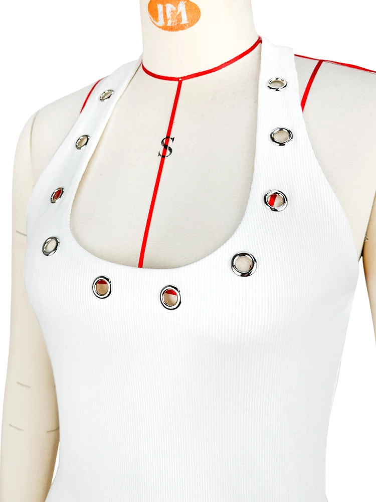 Beyprern Sexy Hollow Out Eyelet Two Piece Set Women Summer White Halter Crop Top and Mini Skirt Sets Outfits Streetwear 2026