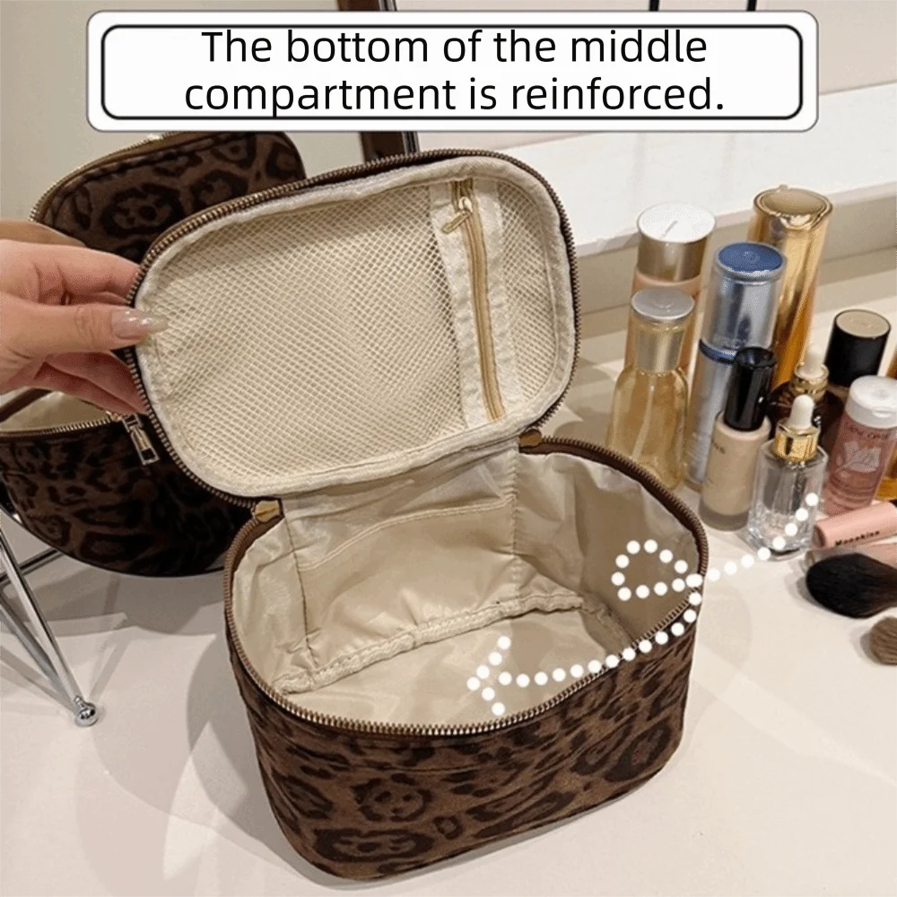 New Large Capacity Cosmetic Bag Leopard Print Faux Suede Toiletry Box Multiple Pockets Handheld Storage Bag Travel