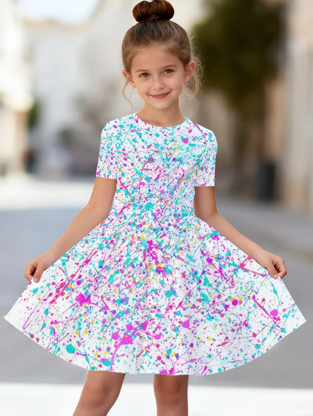 Dress for Girls Tie-Dye Multicolor Graffiti 3D Print Round Neck Colorful Dress Casual Summer Short Sleeve Tops Y2k Girl Clothes