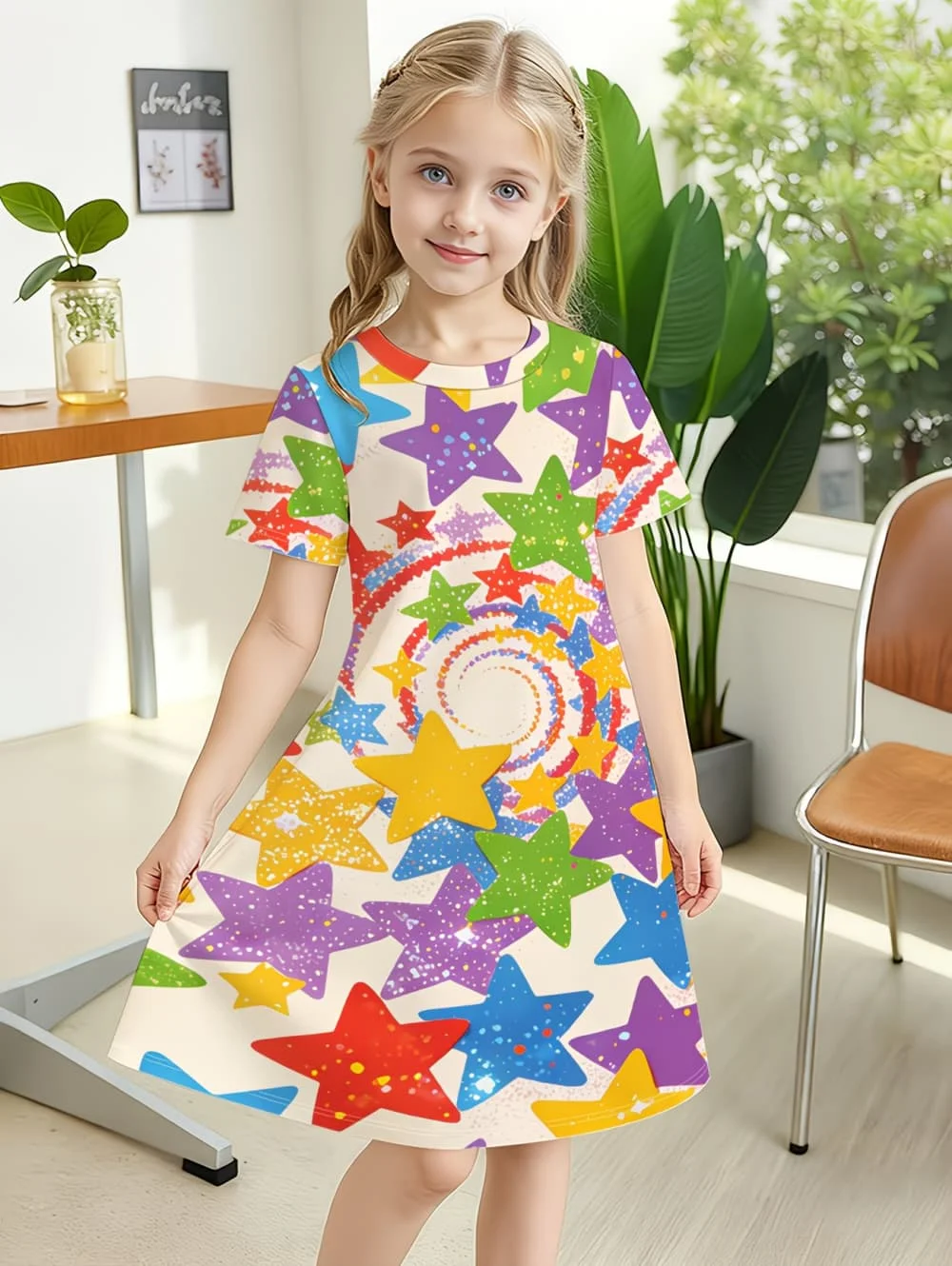 Dress for Girls Tie-Dye Multicolor Graffiti 3D Print Round Neck Colorful Dress Casual Summer Short Sleeve Tops Y2k Girl Clothes
