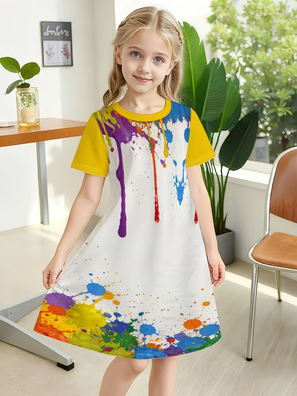 Dress for Girls Tie-Dye Multicolor Graffiti 3D Print Round Neck Colorful Dress Casual Summer Short Sleeve Tops Y2k Girl Clothes