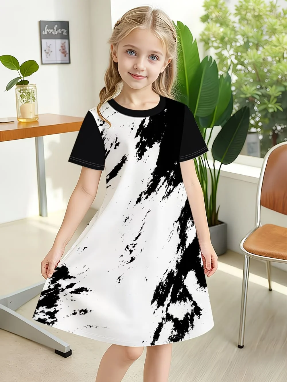 Dress for Girls Tie-Dye Multicolor Graffiti 3D Print Round Neck Colorful Dress Casual Summer Short Sleeve Tops Y2k Girl Clothes