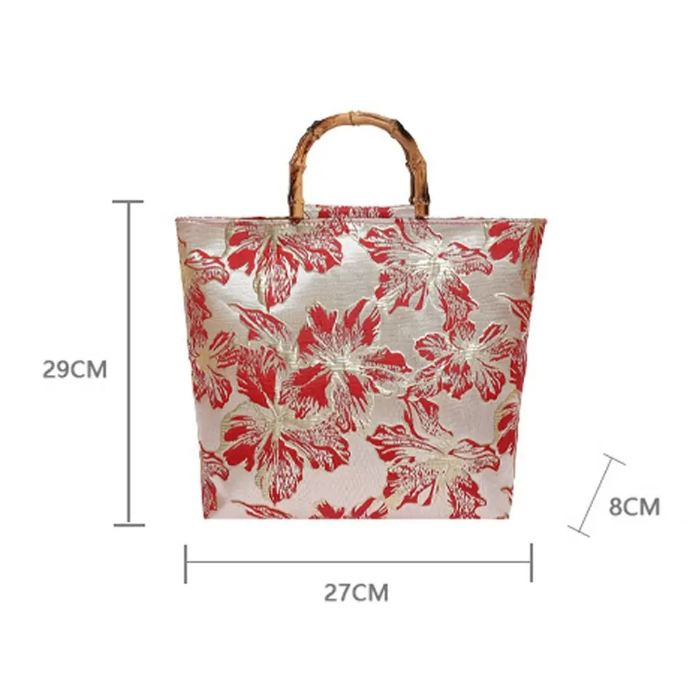 Bamboo Joint Canvas Tote Bag Zipper Closure Large Capacity Jacquard Handbag Embroidered Design Flower Pattern Evening Bag