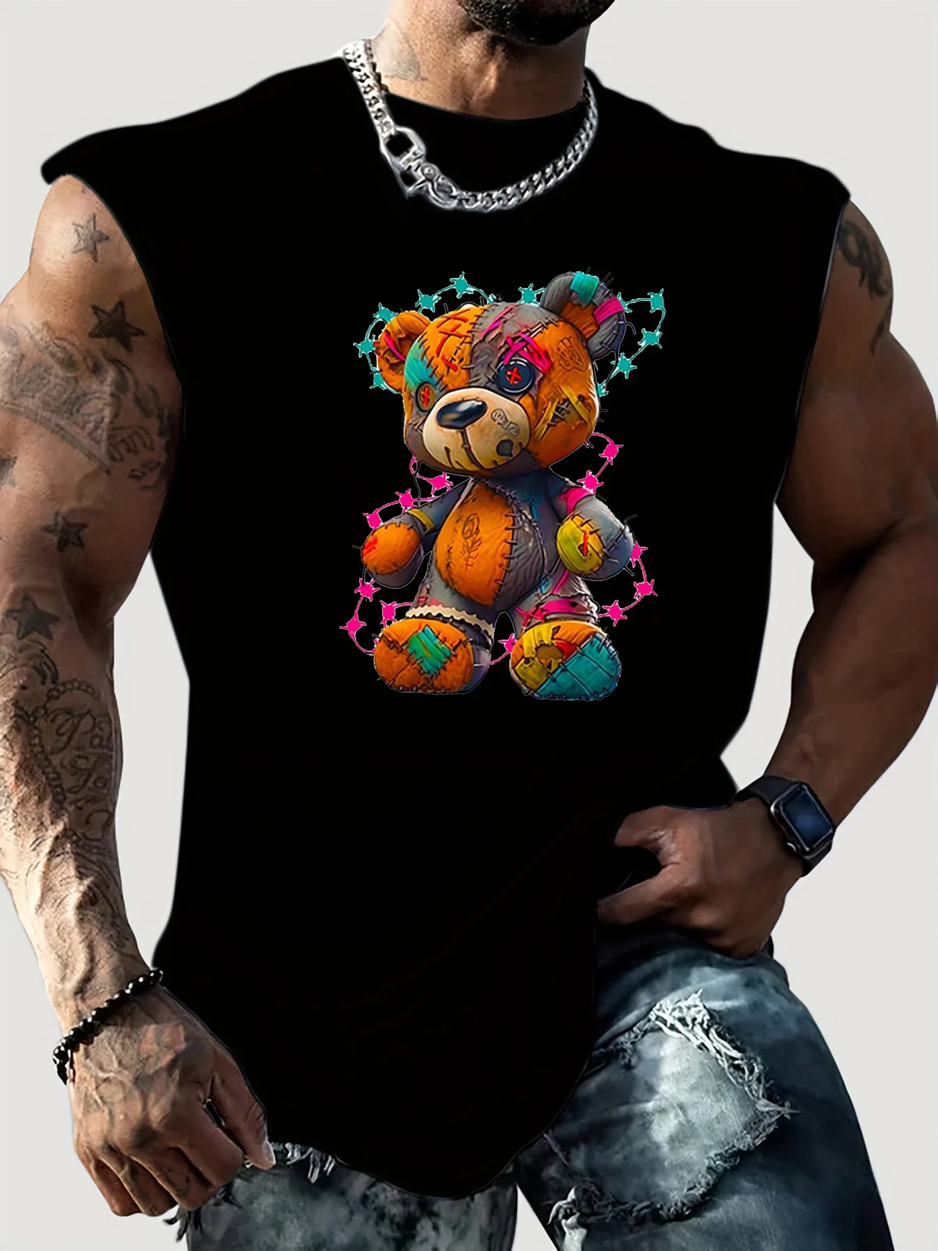 100% Pure Cotton Men's Summer Fashionable Casual Sports Loose Cartoon Teddy Bear Print Breathable Round Neck Sleeveless Vest