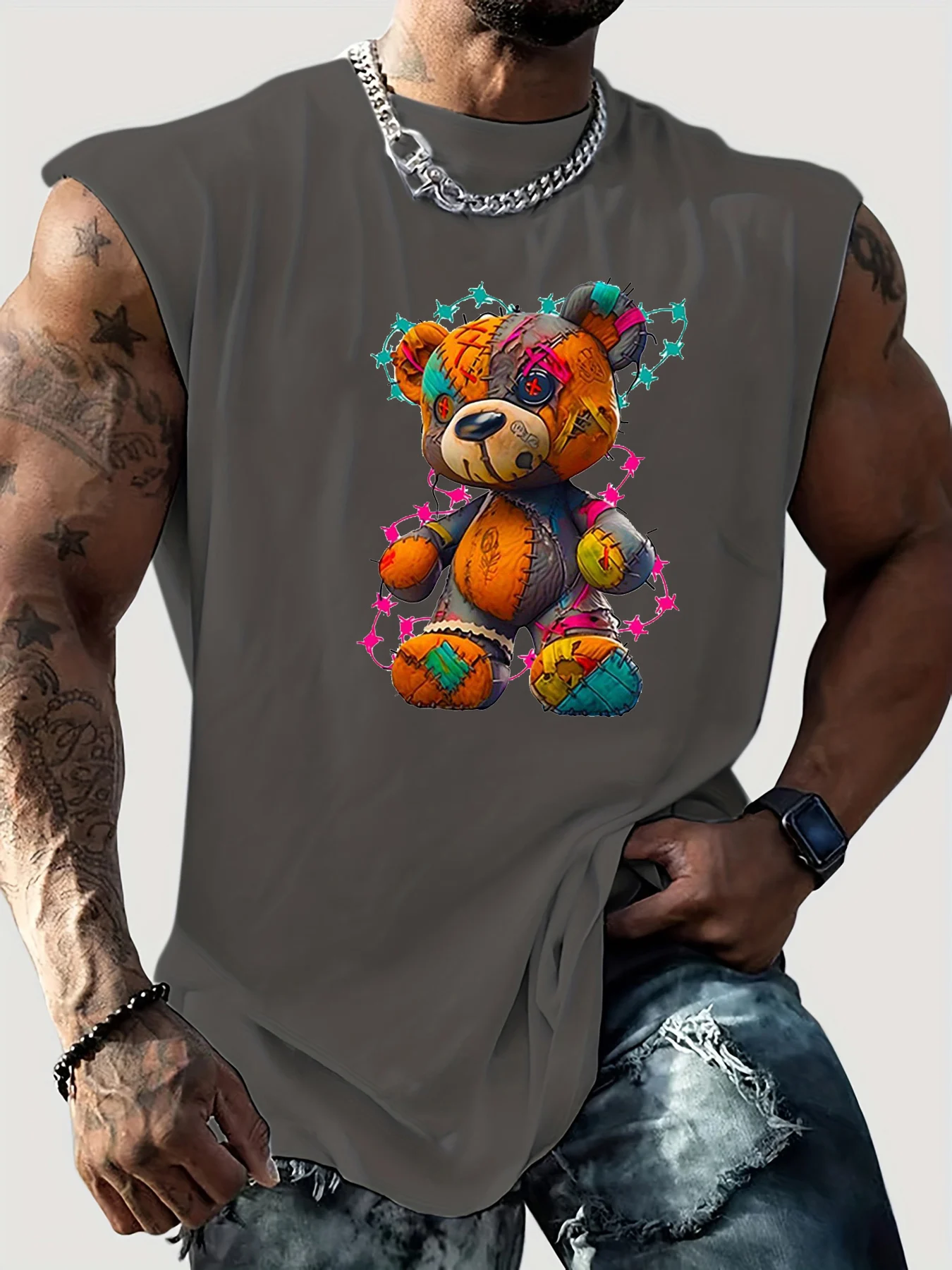 100% Pure Cotton Men's Summer Fashionable Casual Sports Loose Cartoon Teddy Bear Print Breathable Round Neck Sleeveless Vest