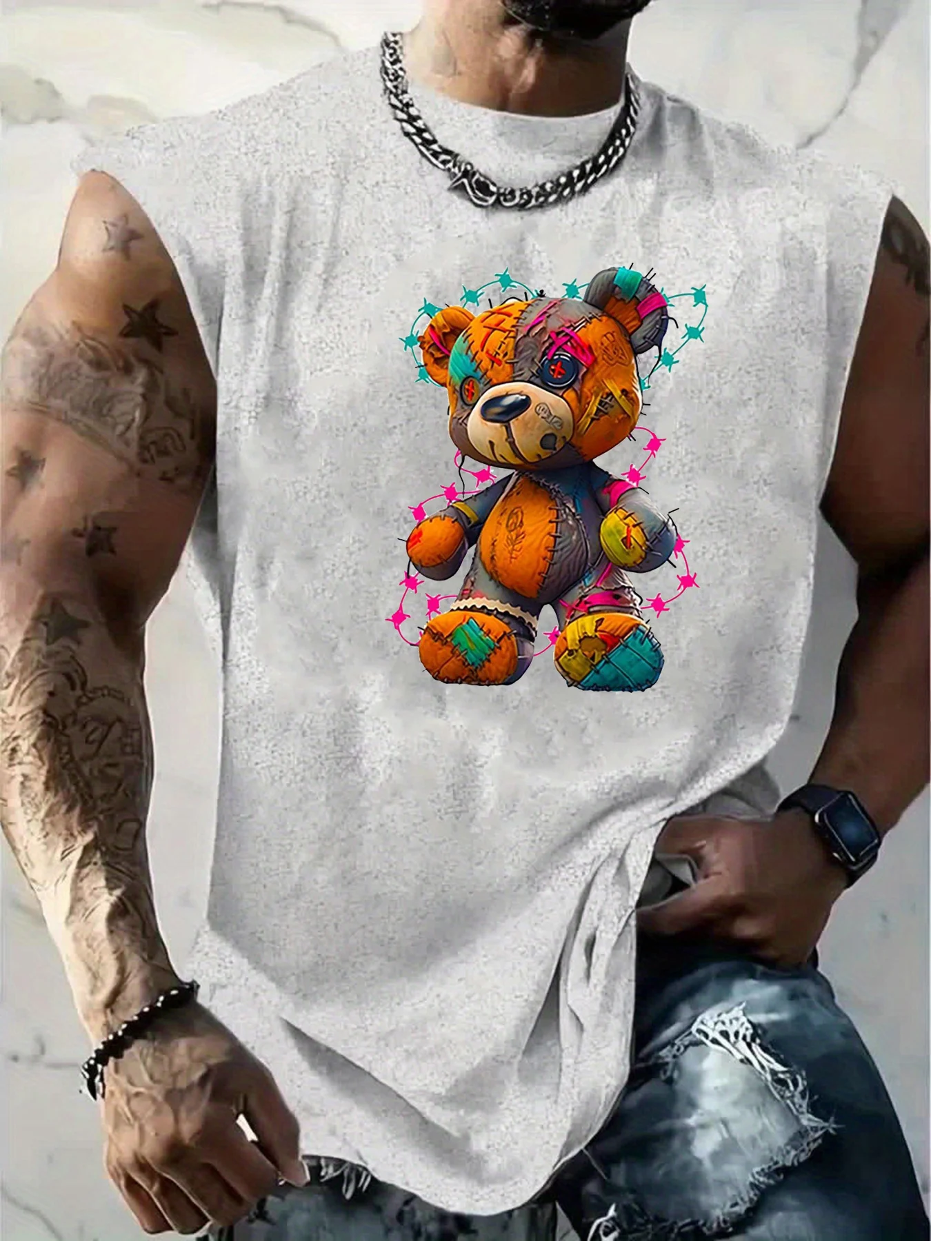 100% Pure Cotton Men's Summer Fashionable Casual Sports Loose Cartoon Teddy Bear Print Breathable Round Neck Sleeveless Vest