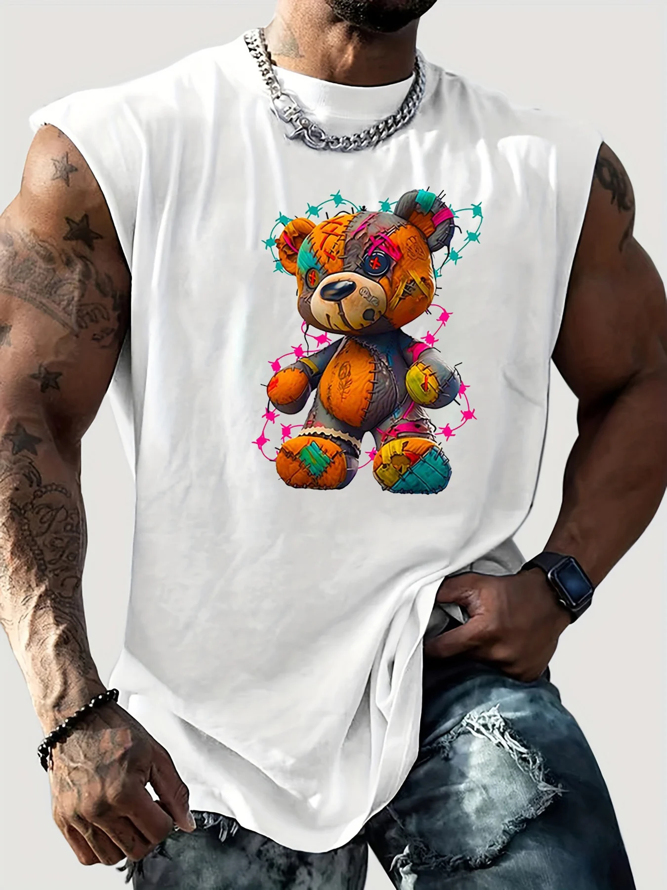 100% Pure Cotton Men's Summer Fashionable Casual Sports Loose Cartoon Teddy Bear Print Breathable Round Neck Sleeveless Vest