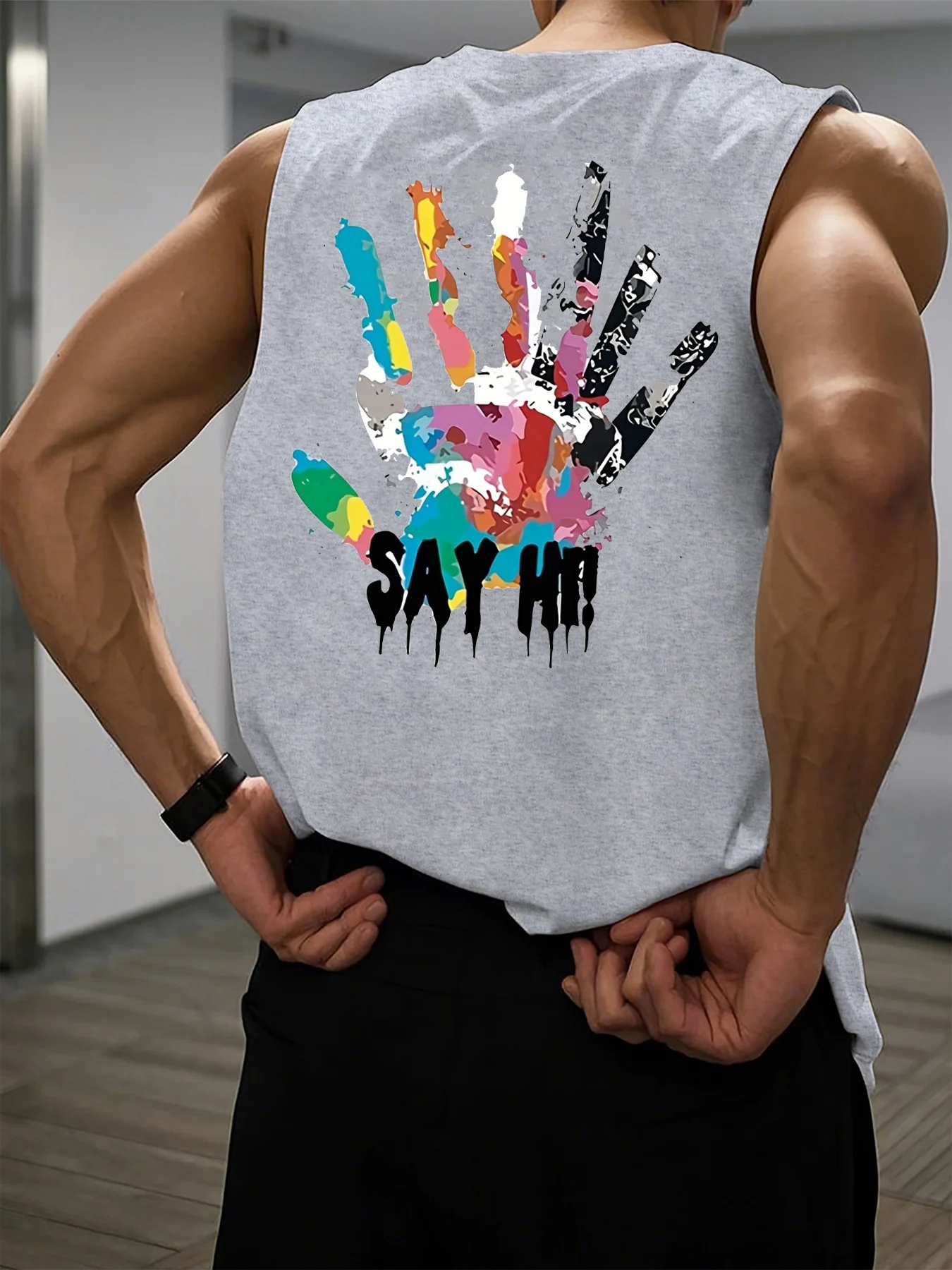 100% Pure Cotton Men's Summer Fashion Casual Sports Loose Color Handprint Breathable Round Neck Sleeveless Vest