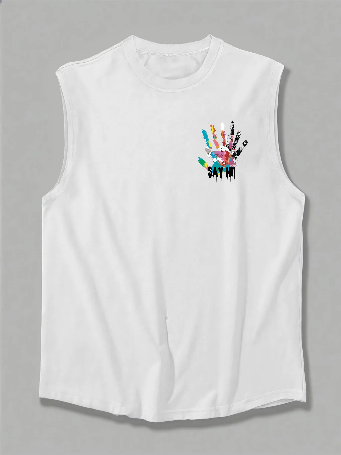 100% Pure Cotton Men's Summer Fashion Casual Sports Loose Color Handprint Breathable Round Neck Sleeveless Vest