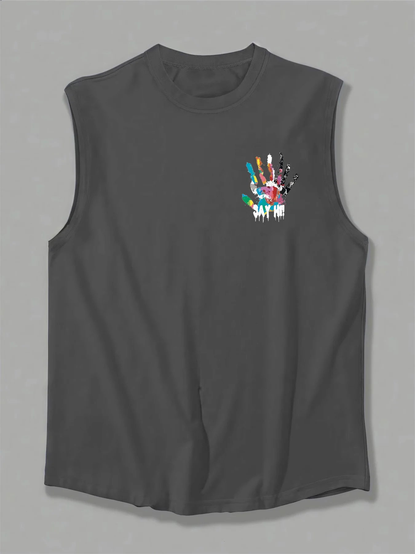100% Pure Cotton Men's Summer Fashion Casual Sports Loose Color Handprint Breathable Round Neck Sleeveless Vest