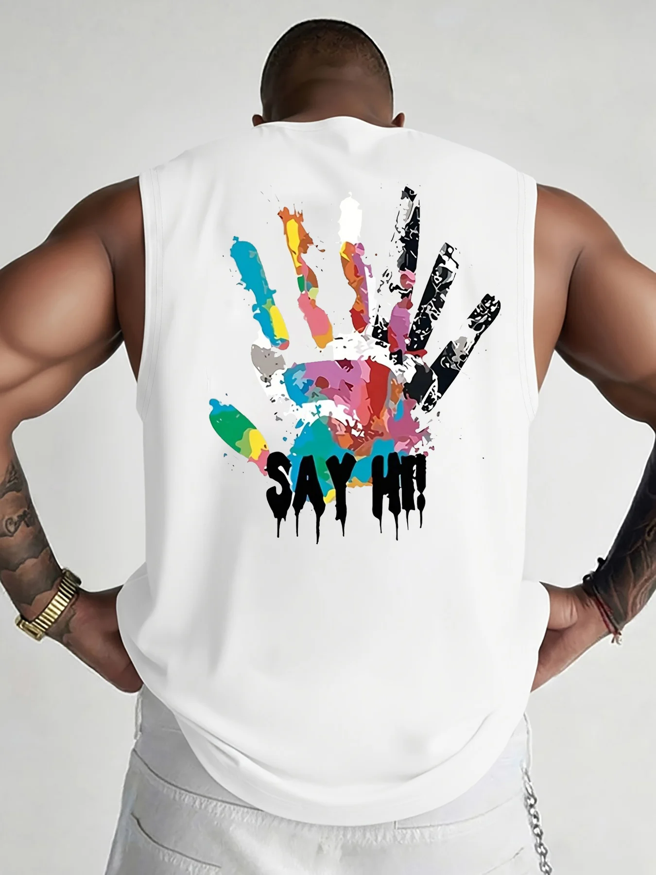 100% Pure Cotton Men's Summer Fashion Casual Sports Loose Color Handprint Breathable Round Neck Sleeveless Vest
