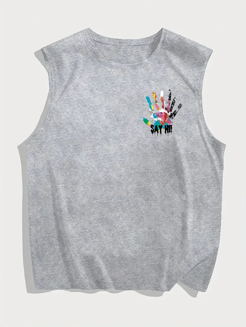 100% Pure Cotton Men's Summer Fashion Casual Sports Loose Color Handprint Breathable Round Neck Sleeveless Vest