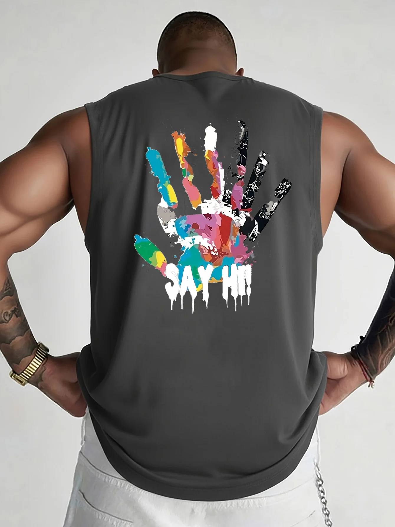 100% Pure Cotton Men's Summer Fashion Casual Sports Loose Color Handprint Breathable Round Neck Sleeveless Vest
