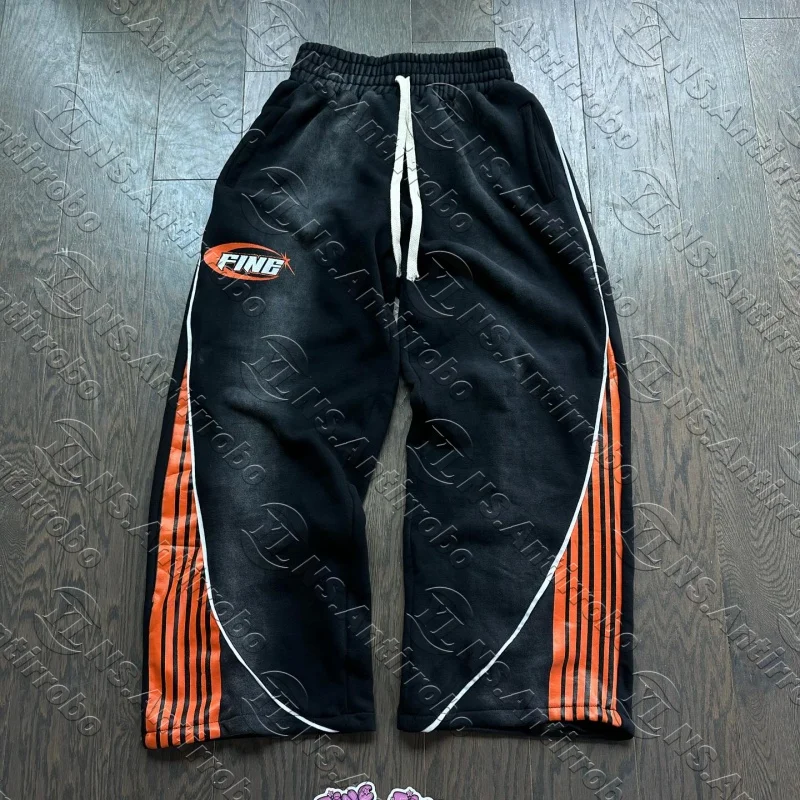 Y2K Retro American Hip Hop Striped Jogger Sweatpants Oversize Cargo Trousers with Drawstring for Men Women Kids Streetwear
