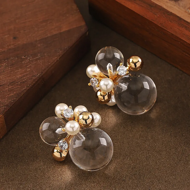 Fashionable and exquisite imitation crystal resin ball pearl zircon stud earrings niche personality simple commuter earrings