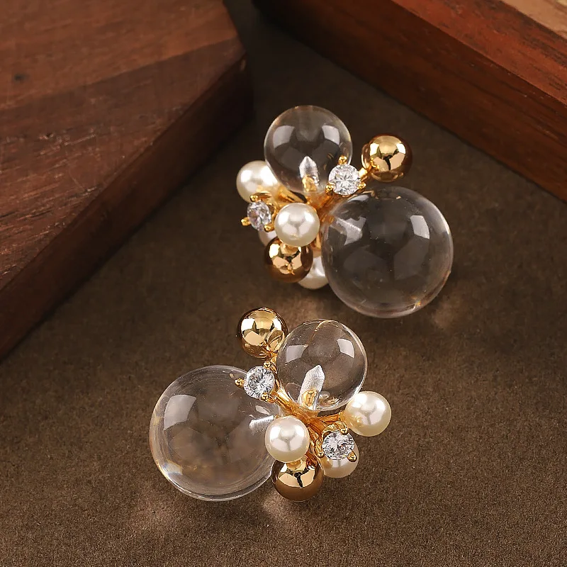 Fashionable and exquisite imitation crystal resin ball pearl zircon stud earrings niche personality simple commuter earrings