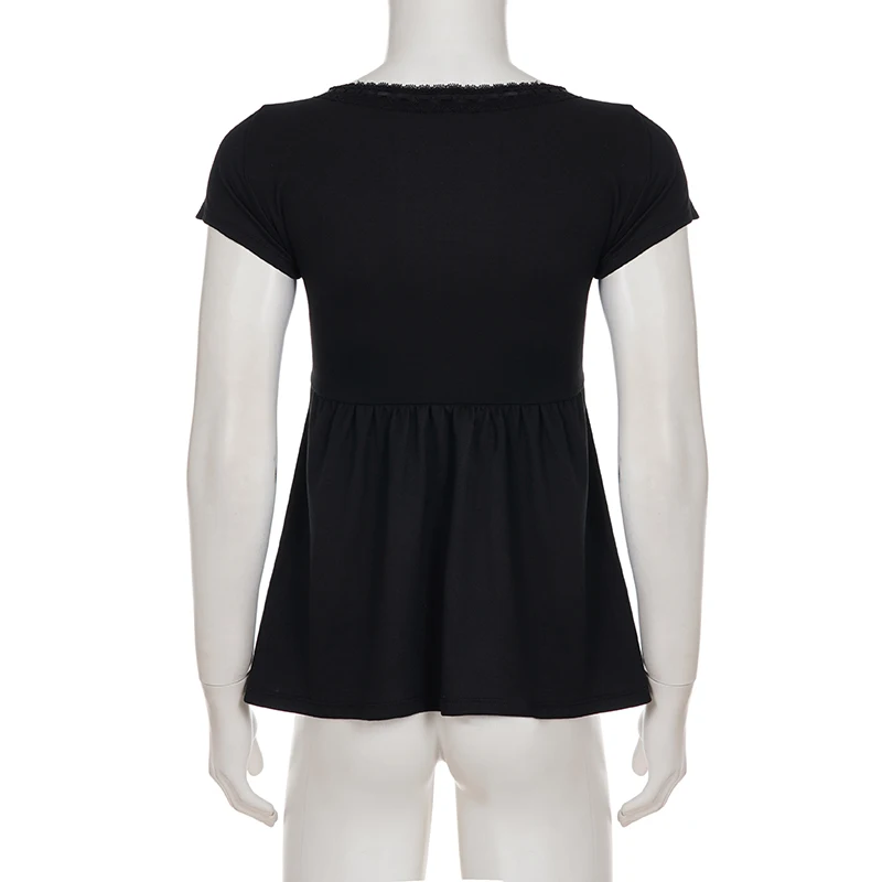 SUCHCUTE  Black Lace Patchwork V-neck Short Sleeve Tees for Women All Match Solid Basic Tops Summer Outfits Y2k T-shirt Casual