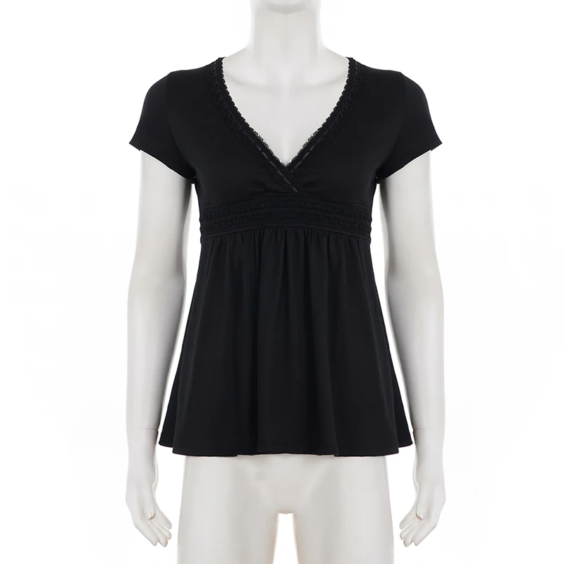 SUCHCUTE  Black Lace Patchwork V-neck Short Sleeve Tees for Women All Match Solid Basic Tops Summer Outfits Y2k T-shirt Casual