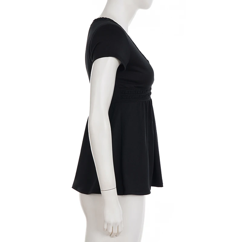 SUCHCUTE  Black Lace Patchwork V-neck Short Sleeve Tees for Women All Match Solid Basic Tops Summer Outfits Y2k T-shirt Casual