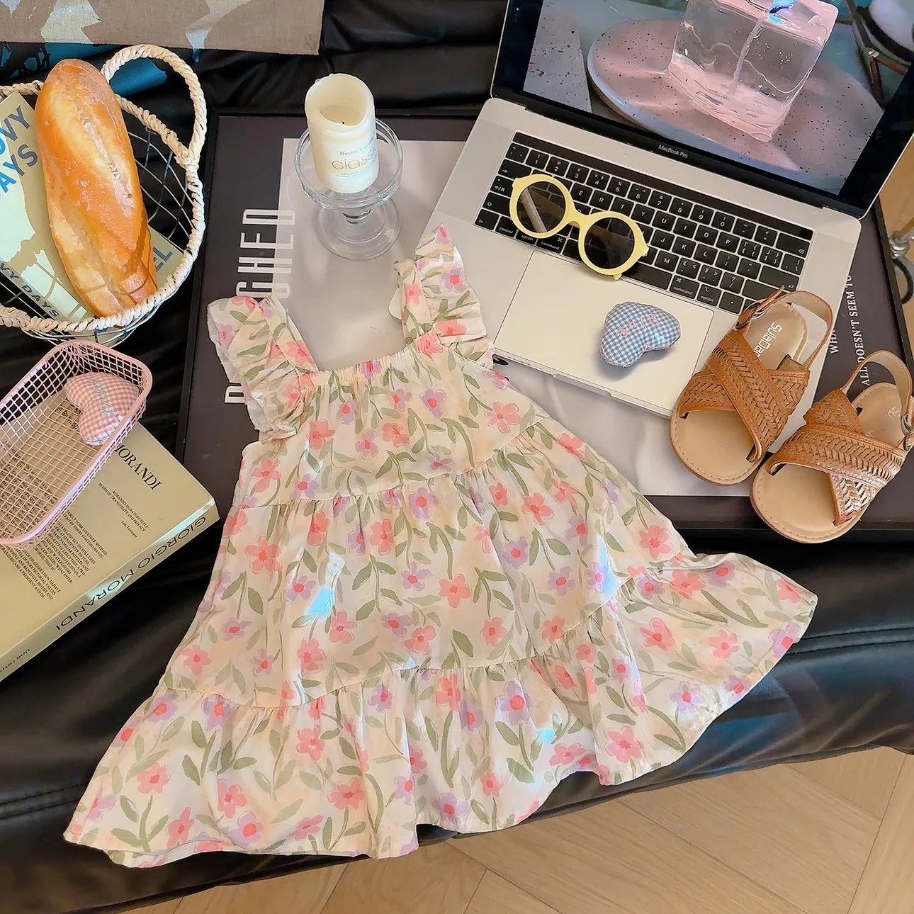 2026 Summer Girls Flutter Sleeve Dress Kids Printed Tiered Princess Dresses for 1-12Y Children Vacation Clothes