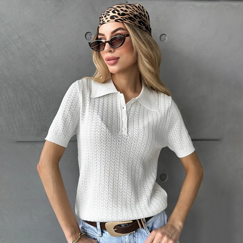 Hollow Knitted T shirt Woman 2026 Summer New Short Sleeve Casual Loose Lapel Ins Hot Tops Lady Sweater T shirt Solid Knit Blouse