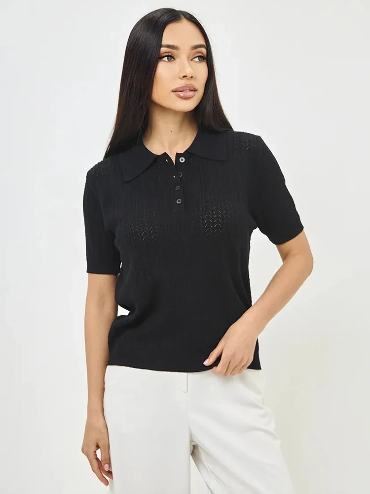 Hollow Knitted T shirt Woman 2026 Summer New Short Sleeve Casual Loose Lapel Ins Hot Tops Lady Sweater T shirt Solid Knit Blouse
