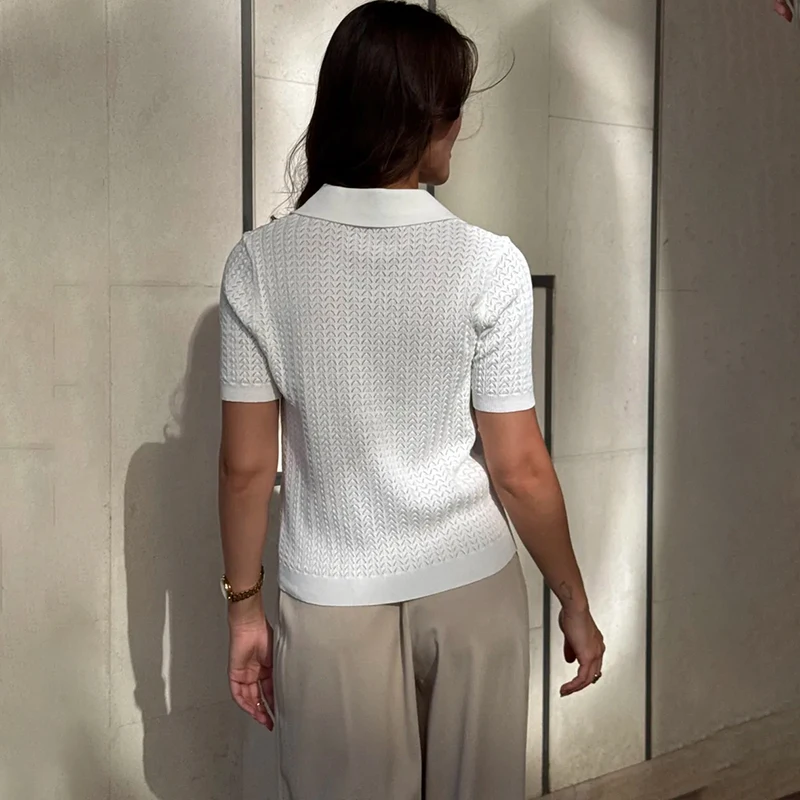 Hollow Knitted T shirt Woman 2026 Summer New Short Sleeve Casual Loose Lapel Ins Hot Tops Lady Sweater T shirt Solid Knit Blouse