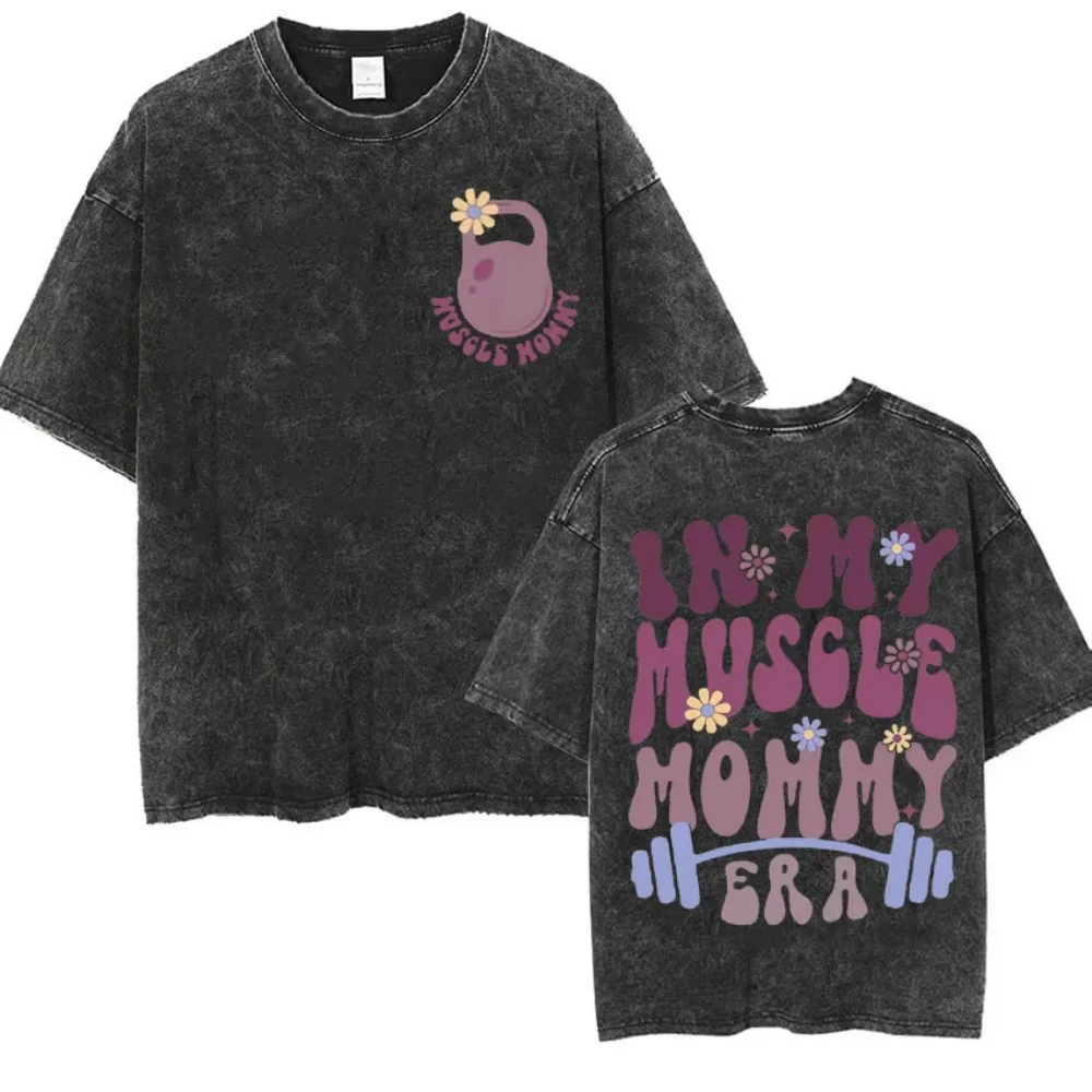 Vintage Washed Harajuku Aesthetic Tee Skeleton Muscle Mommy Print Funny Gym Lover Unisex Casual Soft Breathable Everyday