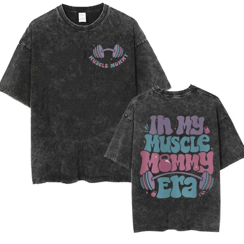 Vintage Washed Harajuku Aesthetic Tee Skeleton Muscle Mommy Print Funny Gym Lover Unisex Casual Soft Breathable Everyday