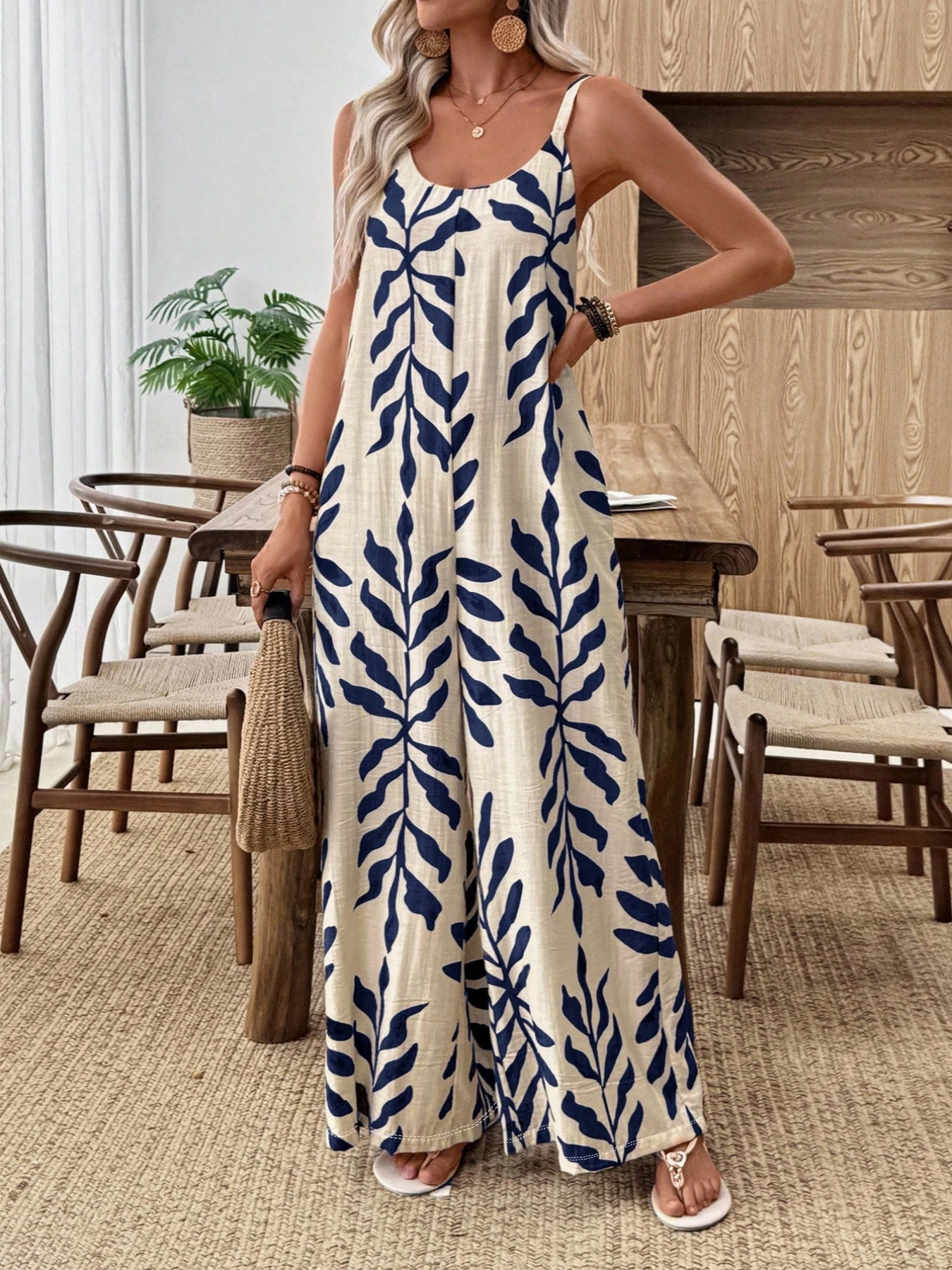 Summer fashion new women's elegant V-neck tropical leaf print wide leg suspender jumpsuit pants