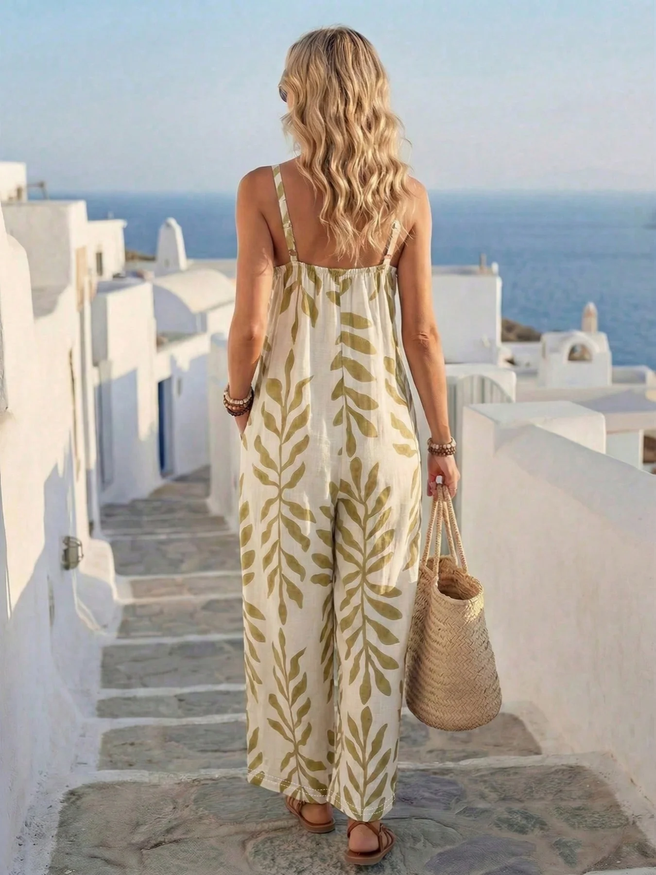 Summer fashion new women's elegant V-neck tropical leaf print wide leg suspender jumpsuit pants