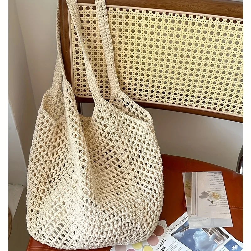 Women's Casual Large Capacity Woven Bag Open-Top Beach Tote Breathable Durable Woven Shoulder Bag Travel Bag