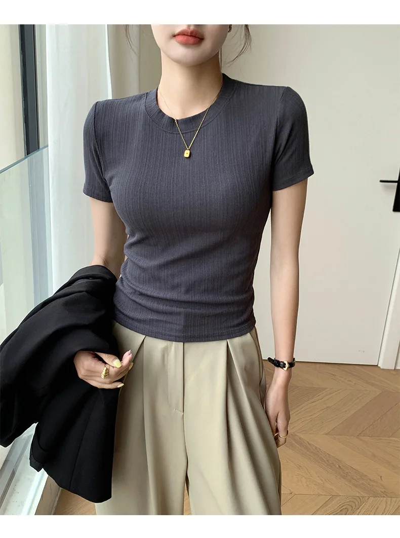 Summer New Women's Crewneck T-shirt Knitted Short-sleeved Top Casual All-match T-shirt Striped Base Shirt Slim-fit Breathable