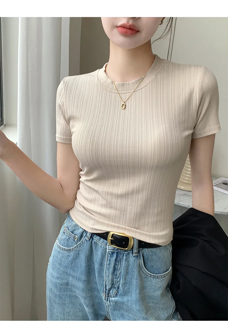 Summer New Women's Crewneck T-shirt Knitted Short-sleeved Top Casual All-match T-shirt Striped Base Shirt Slim-fit Breathable