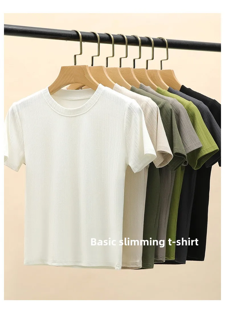 Summer New Women's Crewneck T-shirt Knitted Short-sleeved Top Casual All-match T-shirt Striped Base Shirt Slim-fit Breathable