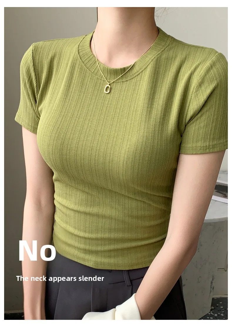 Summer New Women's Crewneck T-shirt Knitted Short-sleeved Top Casual All-match T-shirt Striped Base Shirt Slim-fit Breathable