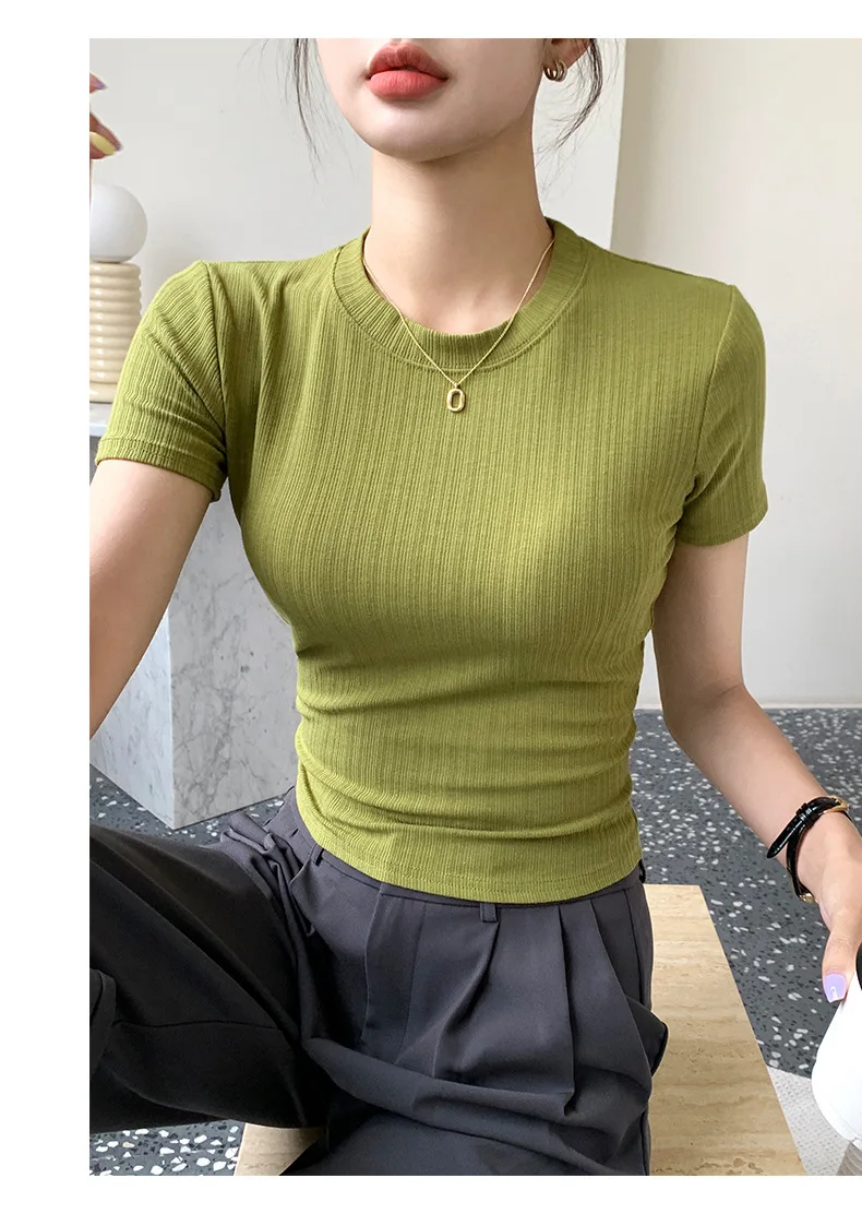 Summer New Women's Crewneck T-shirt Knitted Short-sleeved Top Casual All-match T-shirt Striped Base Shirt Slim-fit Breathable